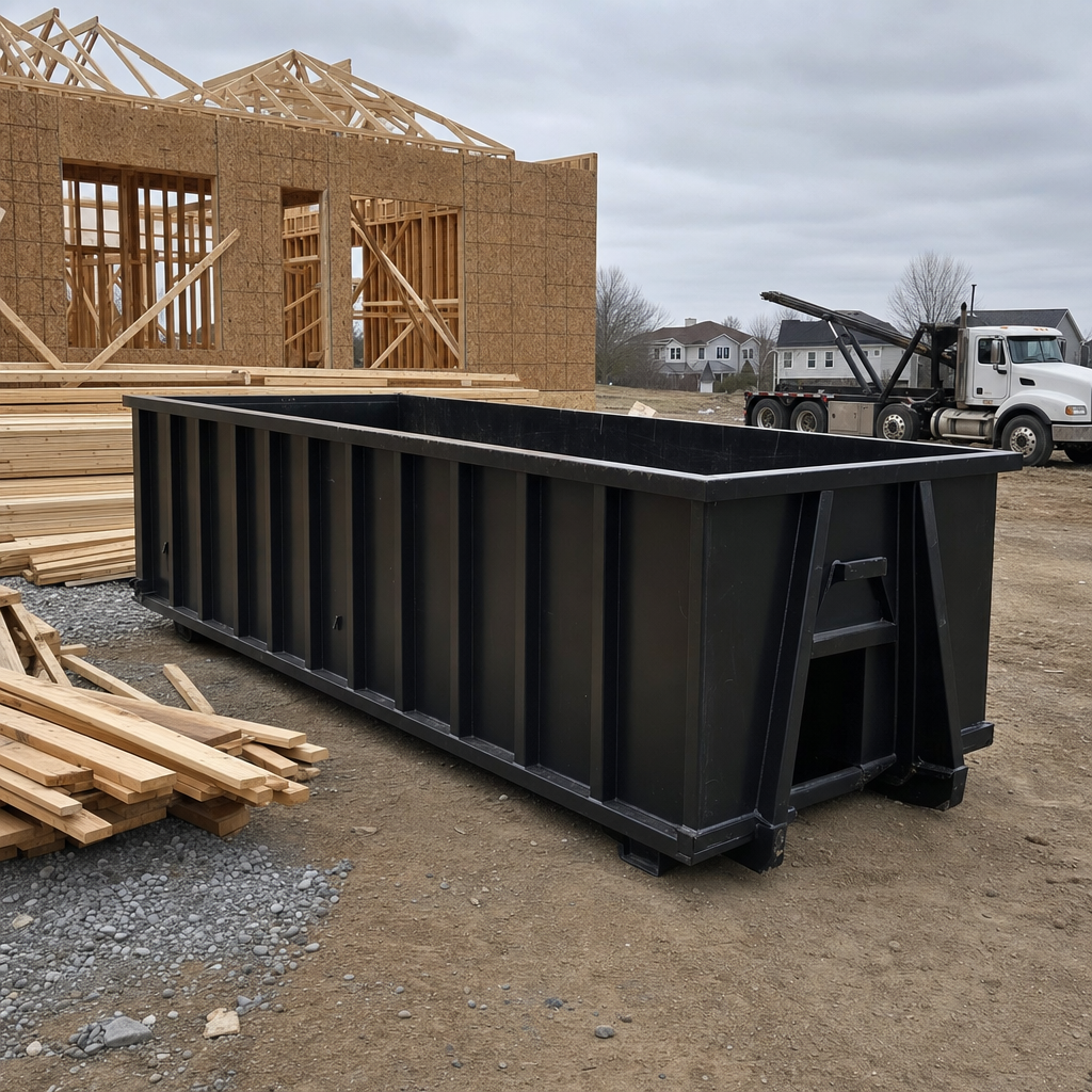 Matte-black 40-yard roll-off dumpster staged on a framed-out residential construction site in Huntsville, framing lumber stacked nearby, hooklift delivery truck visible in the background under bright Colorado daylight