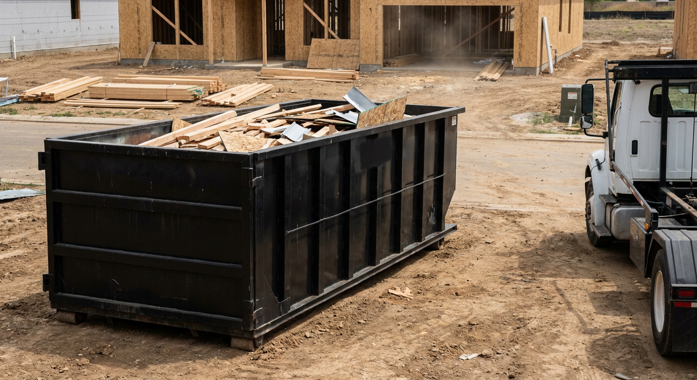 Matte-black 20-yard roll-off construction dumpster with heavy ribbed steel sidewalls and swing rear doors at a working jobsite in Huntsville, sitting directly on compacted dirt with an unmarked white hauler partially visible at the far edge of the frame.