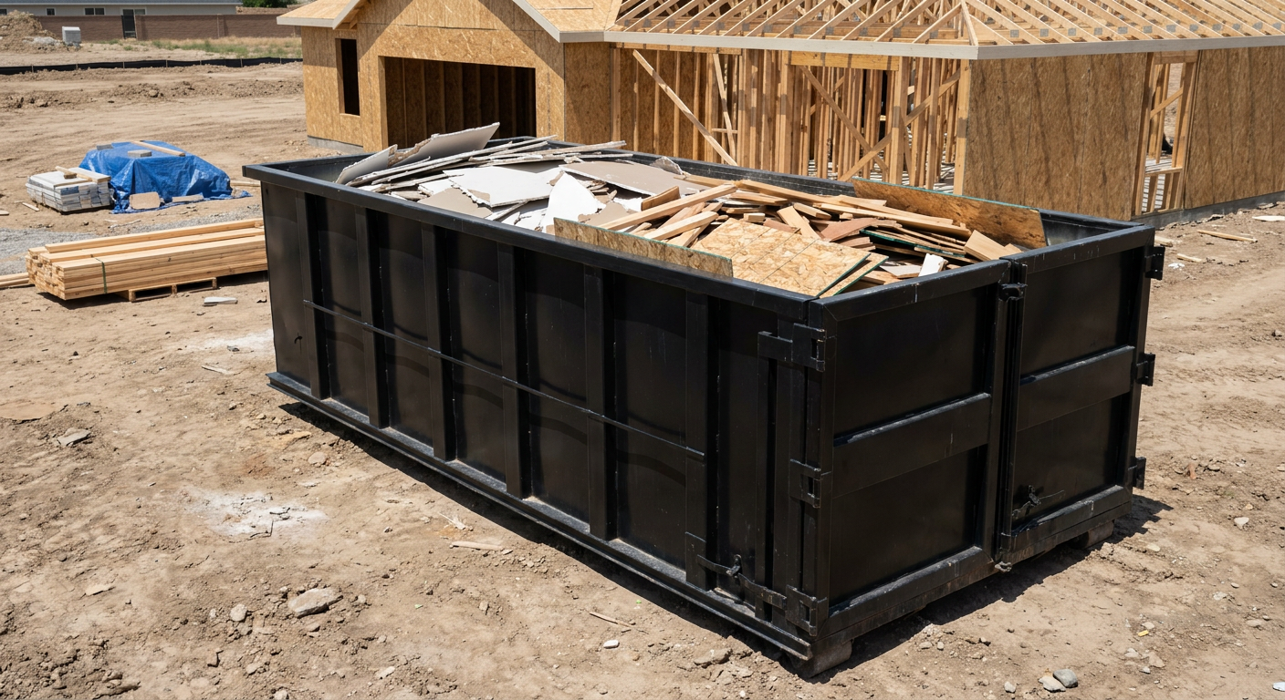 Matte-black 30-yard roll-off construction dumpster sitting directly on the compacted-dirt site of a framed single-family home build in Huntsville, drywall and lumber scrap loaded inside.