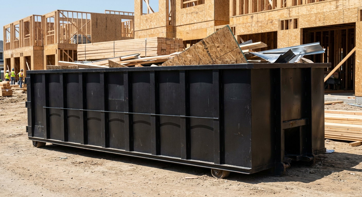 Matte-black 40-yard roll-off construction dumpster being lowered from a white-cab hooklift delivery truck onto the compacted-dirt jobsite at a commercial build site in Huntsville