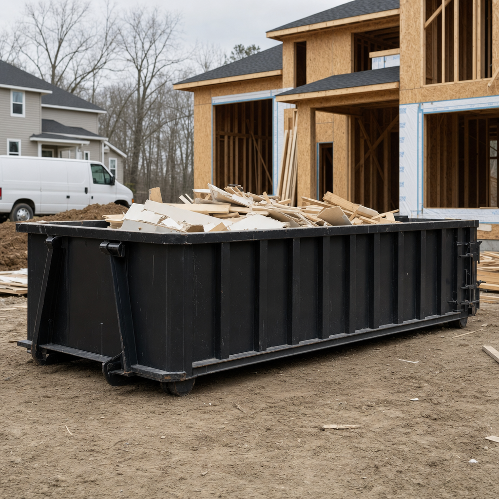 Worker in a yellow high-visibility vest tossing framing lumber and broken drywall into a matte-black 30-yard construction roll-off dumpster on an active build site in Huntsville, bright daylight