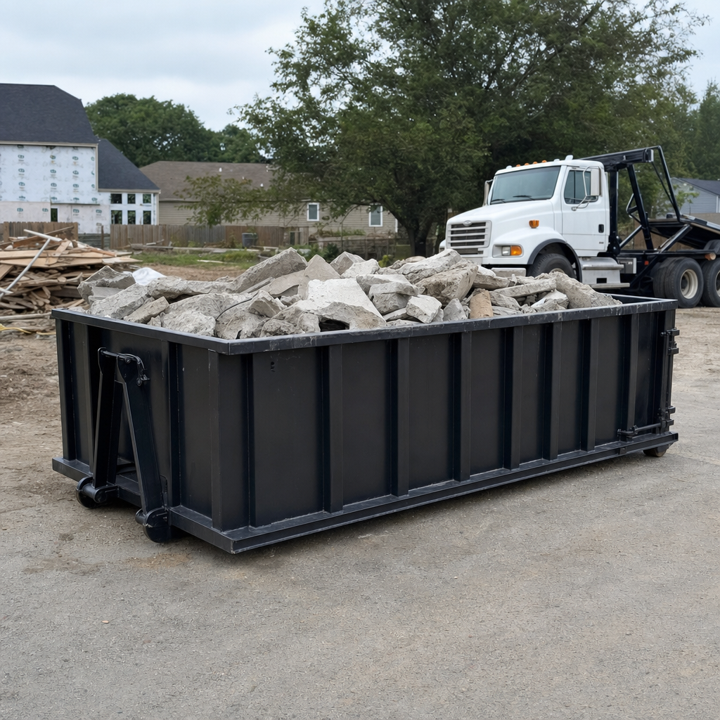 Low-profile matte-black lowboy roll-off dumpster loaded with broken concrete slab and rebar at a foundation tear-out in Huntsville, skid steer parked beside it, sunny Colorado morning