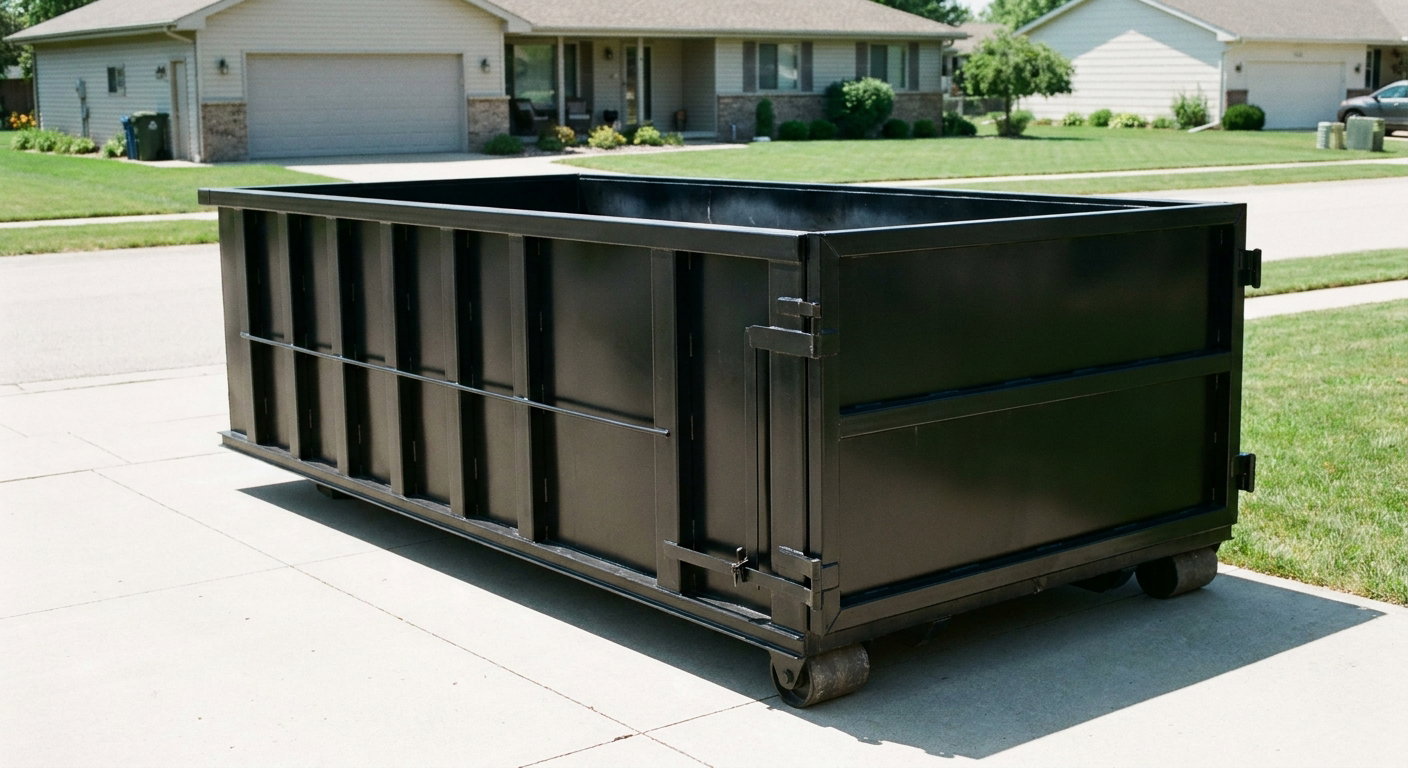 Matte-black 10-yard roll-off dumpster on a residential concrete driveway in Huntsville, uniformly painted matte black across every panel and rail, ribbed steel sidewalls and rear swing door visible, mid-day daylight.