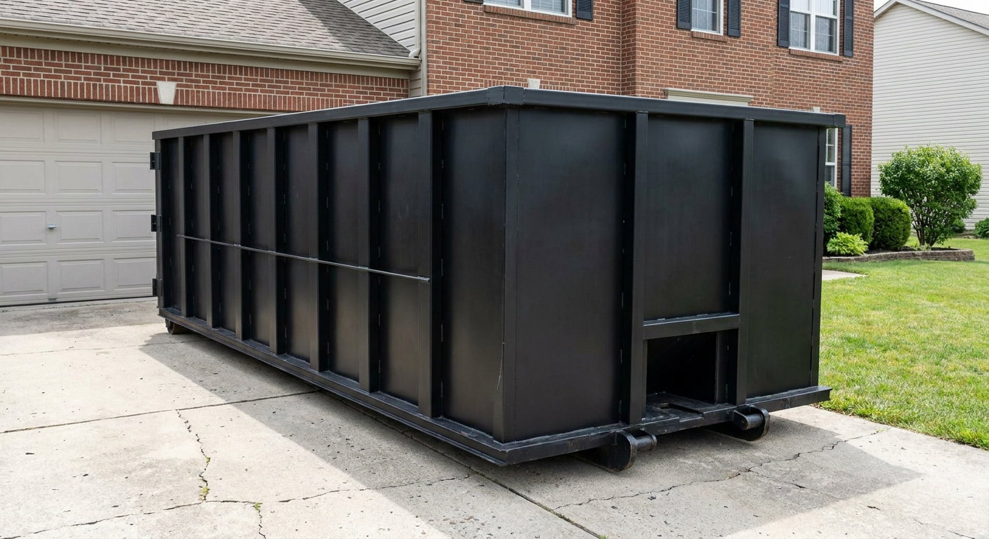 Matte-black 20-yard roll-off container on a Huntsville residential concrete driveway with reinforced ribbed steel sidewalls and a hinged rear walk-in door, clean bright daylight.