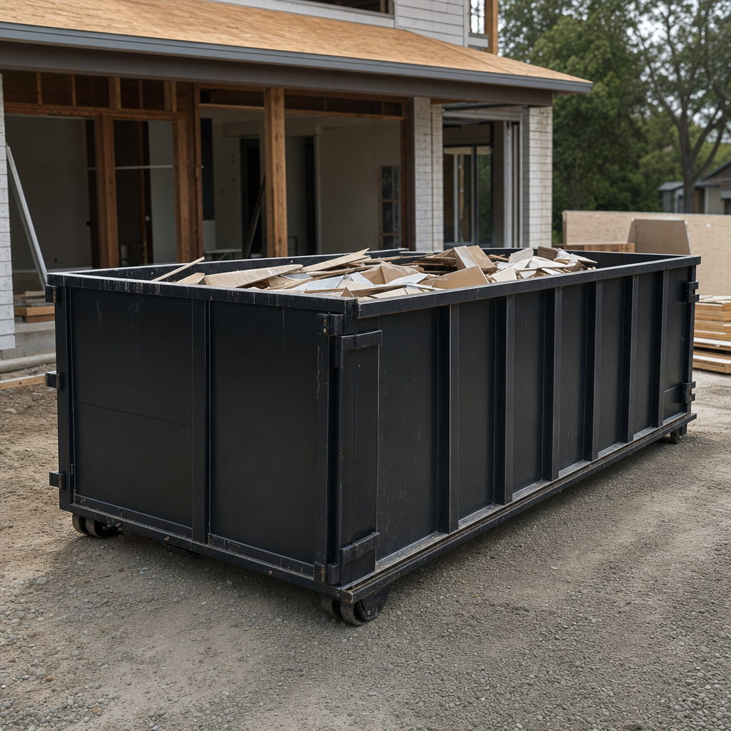 Large matte-black 30-yard construction roll-off dumpster at an active Huntsville jobsite, steel-gray top rails and bottom rollers visible, loaded with construction debris.