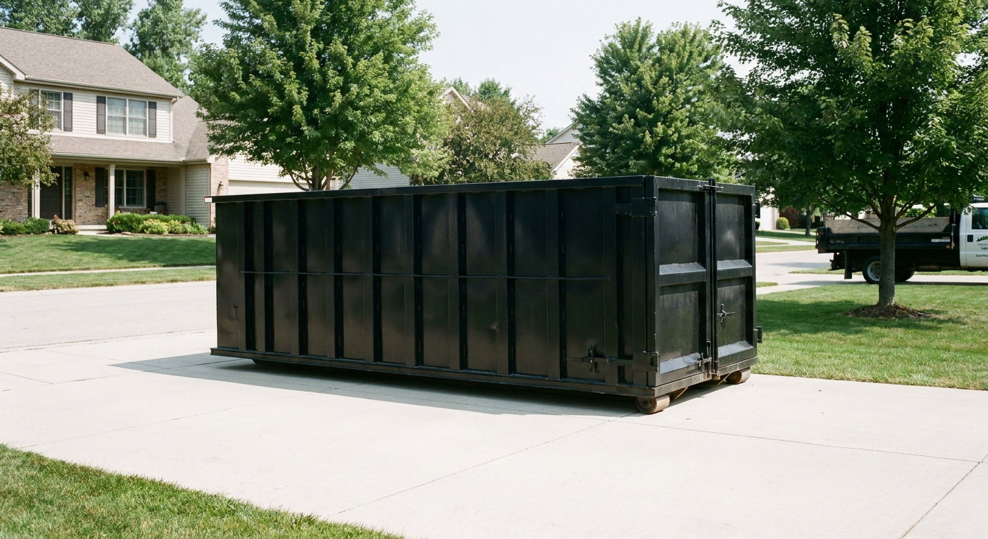 Matte-black 20-yard roll-off dumpster sitting level on a clean Huntsville residential concrete driveway under bright daylight, demonstrating clean placement directly on the concrete.