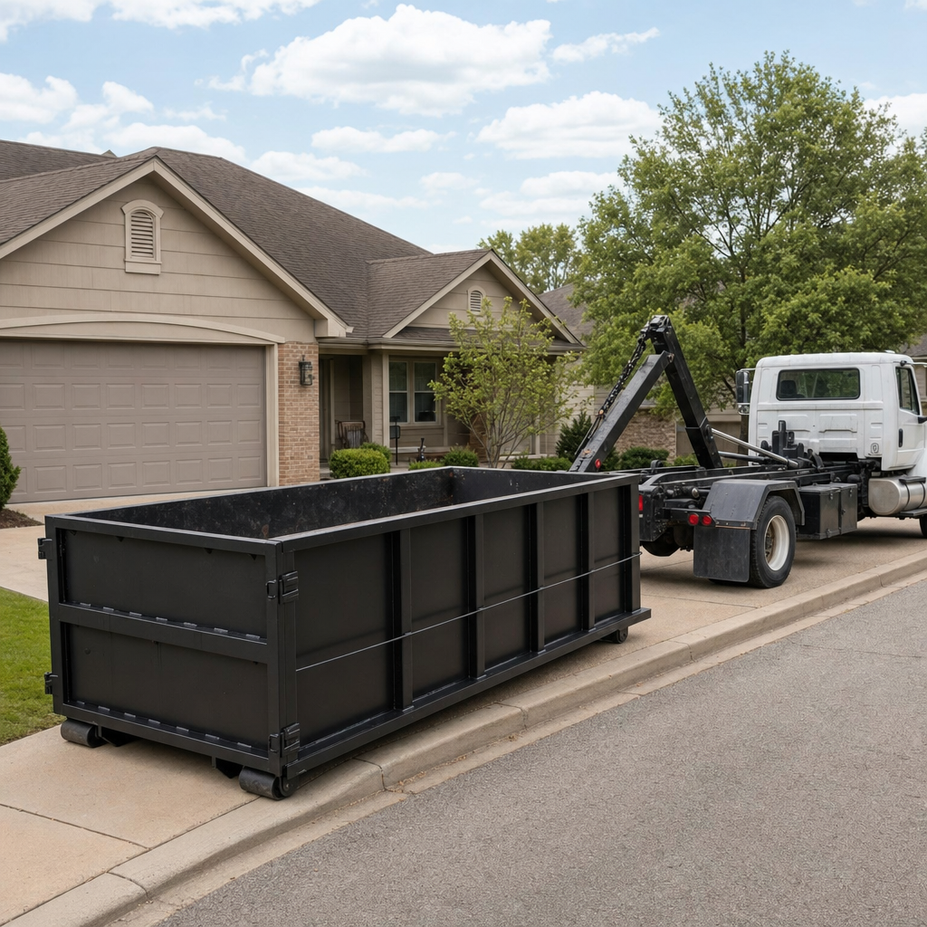 Wide documentary shot of a matte-black roll-off dumpster on a Huntsville residential driveway in the foreground and a contractor jobsite container in the soft-focus background, bright daylight, calm and orderly composition.