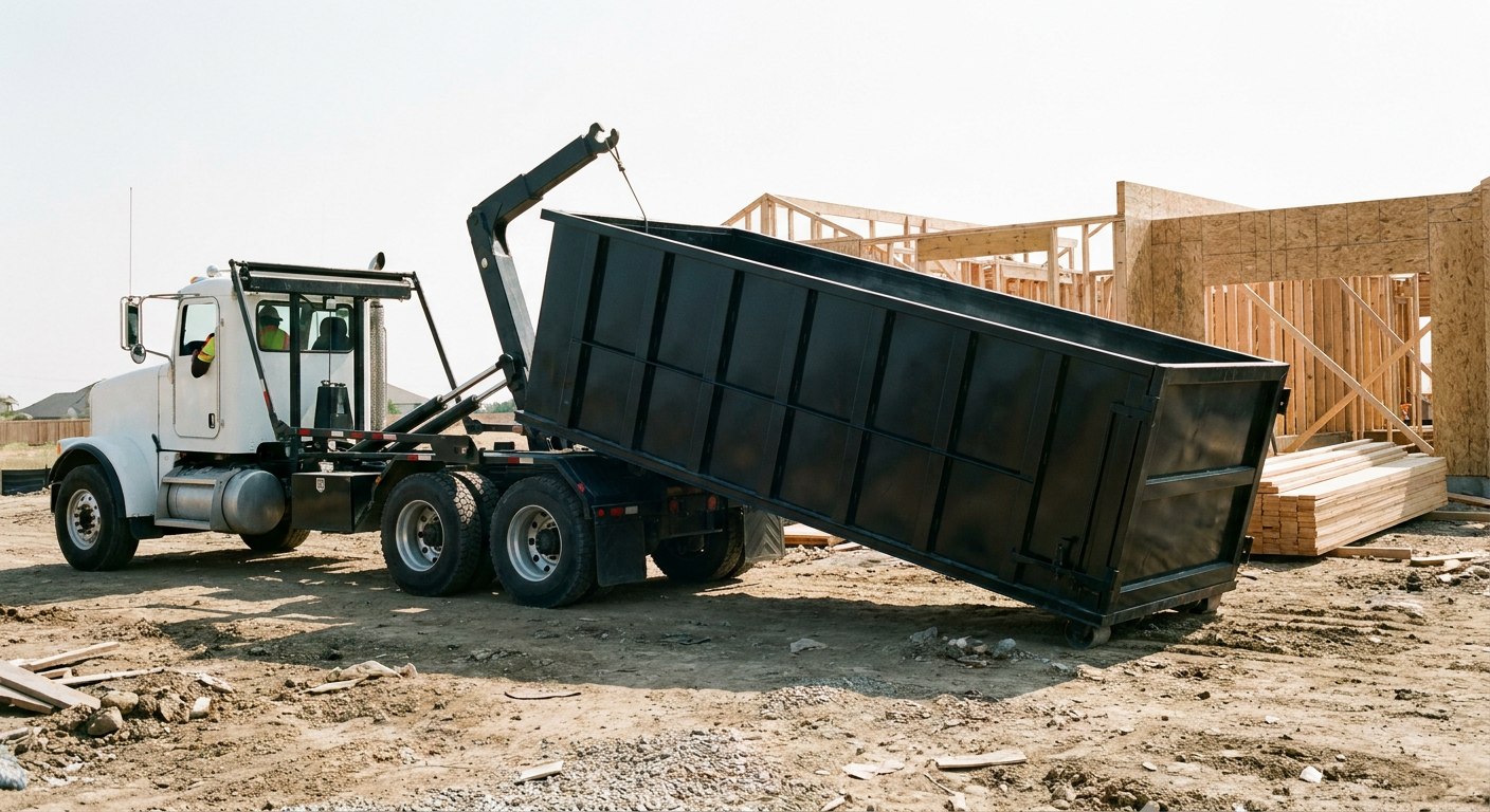 Matte-black roll-off dumpster being delivered onto a clean residential concrete driveway in Huntsville by an unmarked white hooklift hauler truck, bright morning daylight, documentary 35mm perspective.