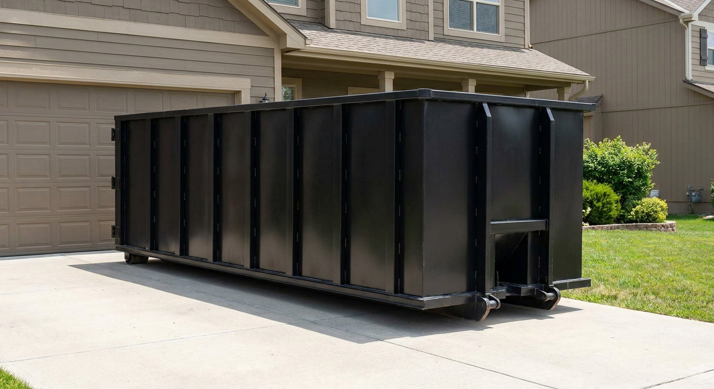 Matte-black residential roll-off dumpster sitting directly on a suburban Huntsville concrete driveway, garage door closed, single-family home in background, bright morning daylight.