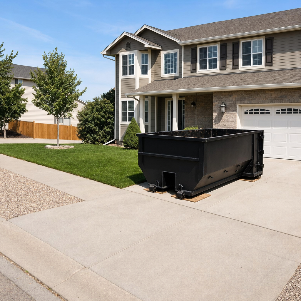 10-yard matte-black residential dumpster placed directly on a narrow Huntsville concrete driveway, room remains for a parked sedan beside it, mid-morning natural light