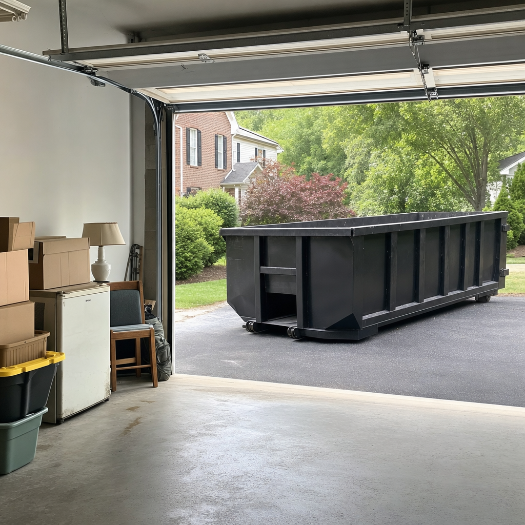 Open garage interior in a Huntsville home mid-cleanout — boxed items, an old appliance, and stacked yard tools queued near the driveway for a matte-black roll-off dumpster, organized and calm