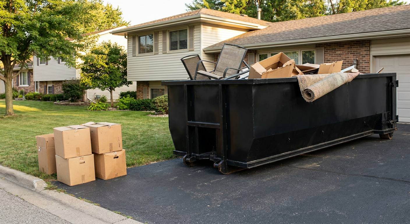 Front-yard view of a Huntsville split-level home with a 20-yard matte-black roll-off dumpster sitting directly on the asphalt driveway, a few clearly labeled donation boxes staged at the curb, calm sunny afternoon.