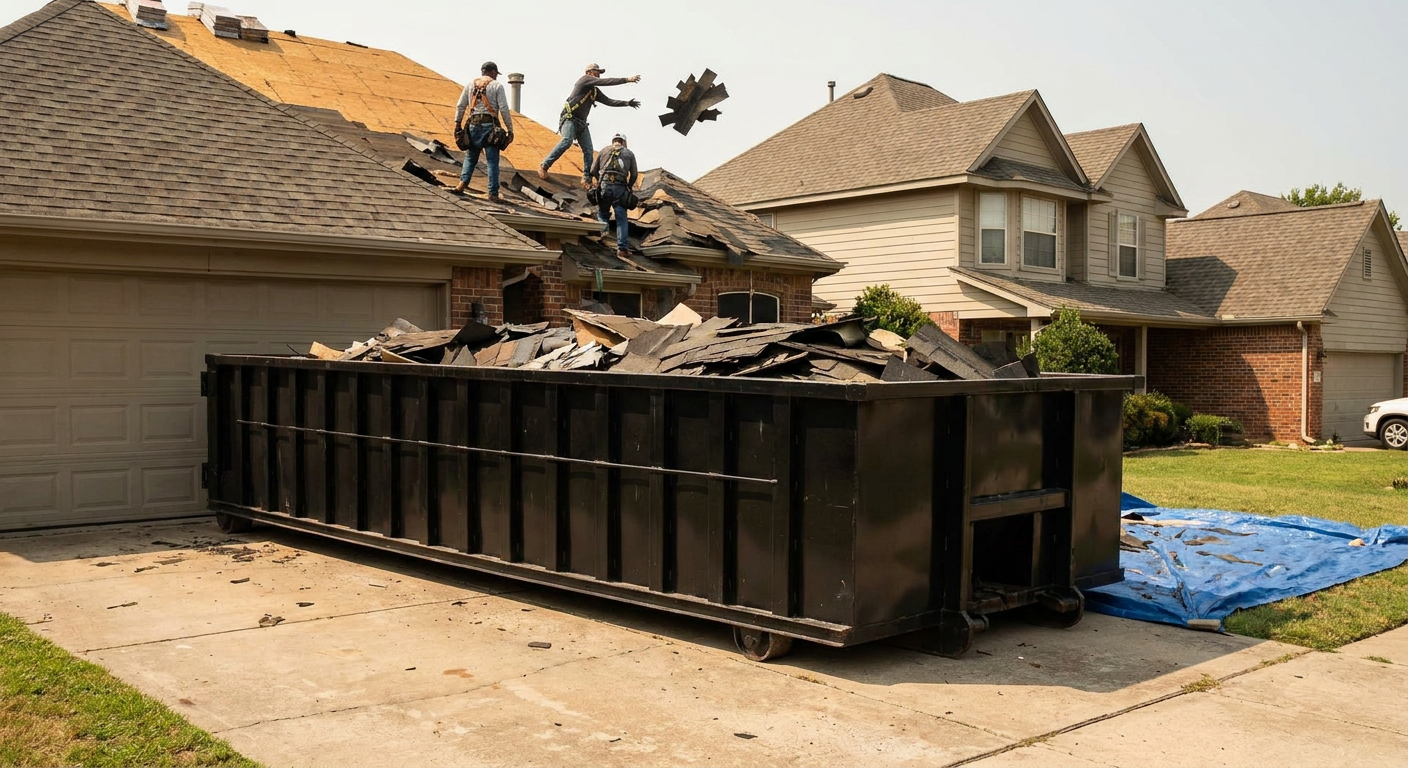Matte-black roofing roll-off dumpster placed directly on a Huntsville residential concrete driveway, a tear-off crew on a two-story asphalt-shingle roof tossing shingle bundles into the low-walled container, bright daylight, documentary 35mm perspective.