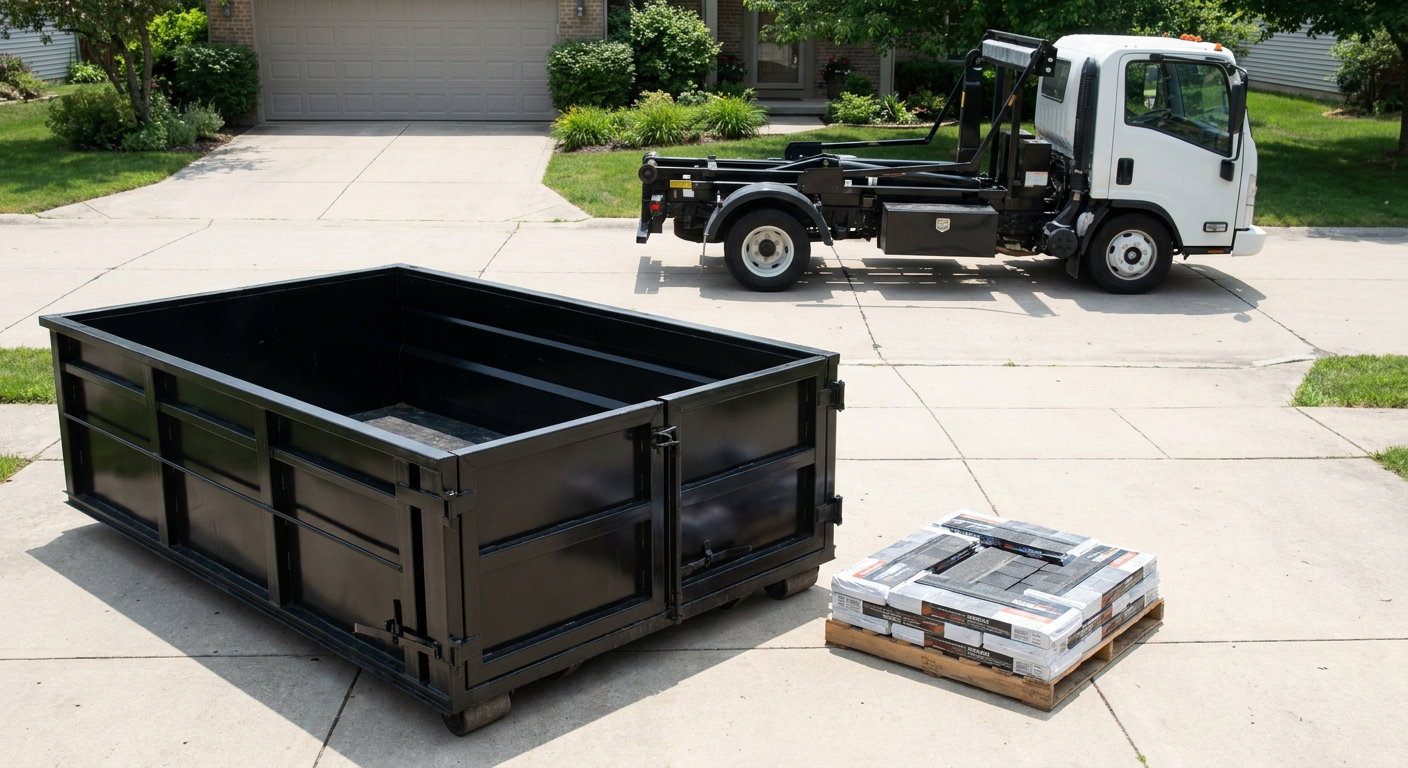 Matte-black 15-yard roofing roll-off dumpster with reinforced low side walls sitting directly on a Huntsville residential concrete driveway, three-tab asphalt shingle bundles stacked nearby, an unmarked white hauler truck partially visible at the edge of the frame.