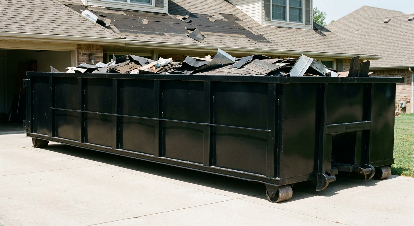 Matte-black 20-yard roofing roll-off dumpster with steel ribbed sides and swinging rear door, sitting directly on the concrete driveway of a two-story Huntsville home, asphalt shingle debris being loaded over the low wall, clean documentary lighting.