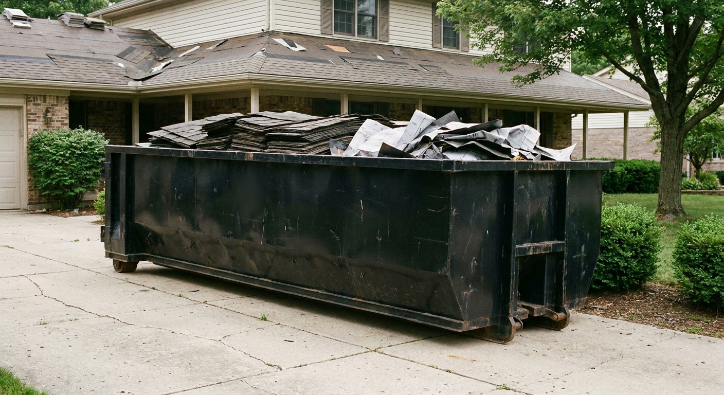 Matte-black 30-yard roofing roll-off dumpster sitting directly on a Huntsville concrete driveway, taller ribbed steel side panels, mixed tear-off debris of asphalt shingles and underlayment inside, professional documentary daylight.