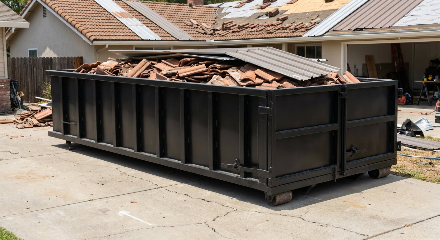 Matte-black low-wall heavy-debris roofing roll-off dumpster sitting directly on a Huntsville concrete driveway, broken concrete clay roof tiles and metal panel sections loaded inside, reinforced ribbed steel side walls visible, bright outdoor daylight.