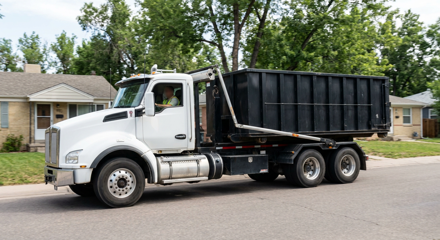 A wide documentary shot of a matte-black roll-off delivery truck pulling onto a quiet Huntsville residential street at mid-morning, with neighborhood rooftops and tree-lined blocks visible behind, showing the metro coverage footprint.