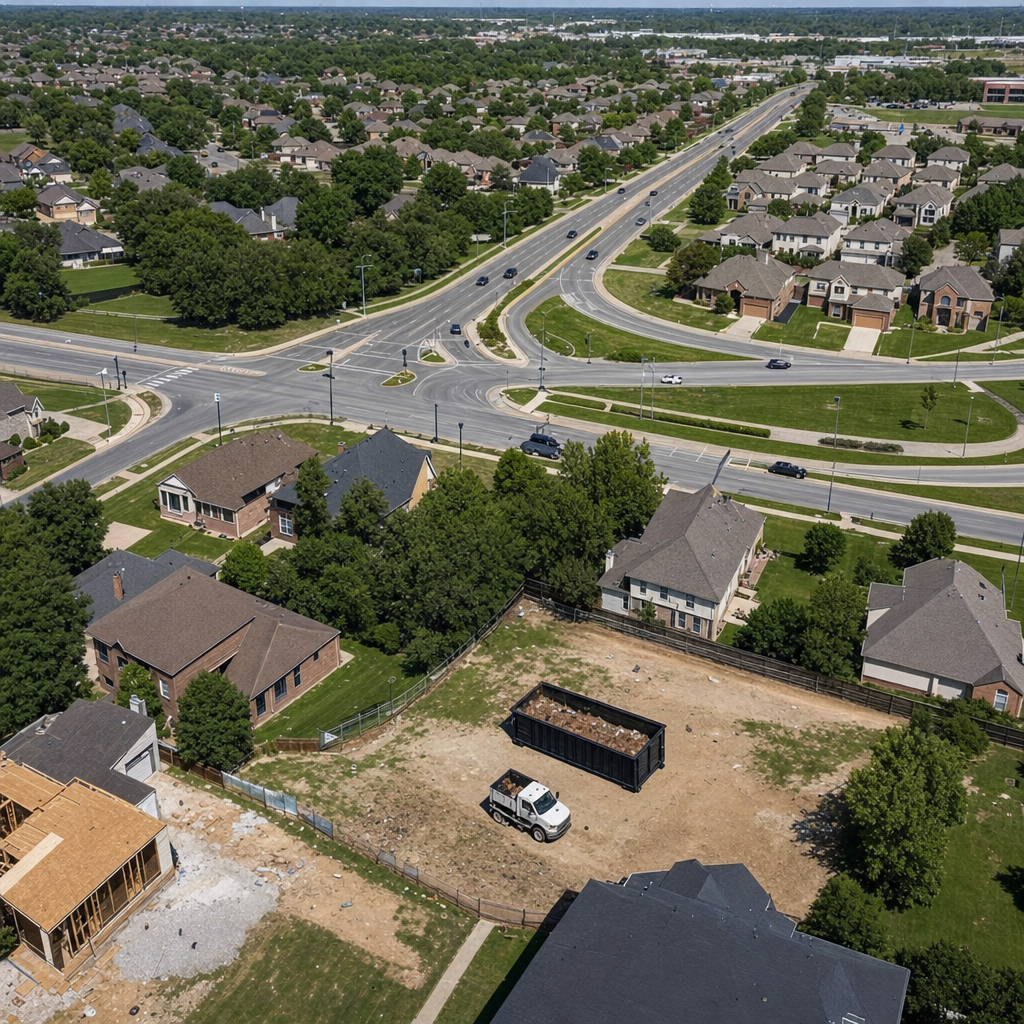An overhead documentary view of the Huntsville metro area at midday, showing the spread of neighborhoods, arterial roads, and the dispatch radius from a central yard — clean daylight, organized geographic layout.