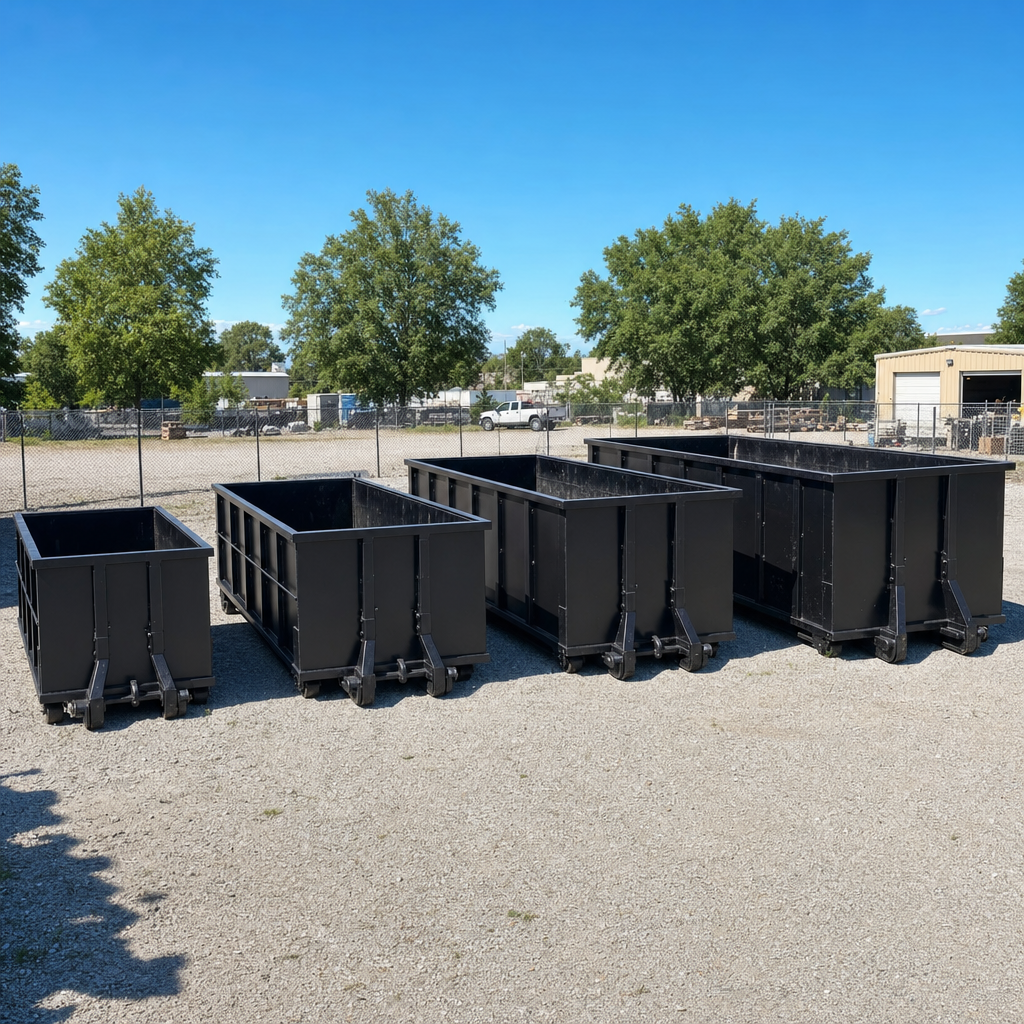 A clean lineup of matte-black roll-off dumpsters in 10, 20, 30, and 40-yard sizes staged on a sunlit gravel yard in Huntsville, showing the size progression from compact to commercial-scale containers.