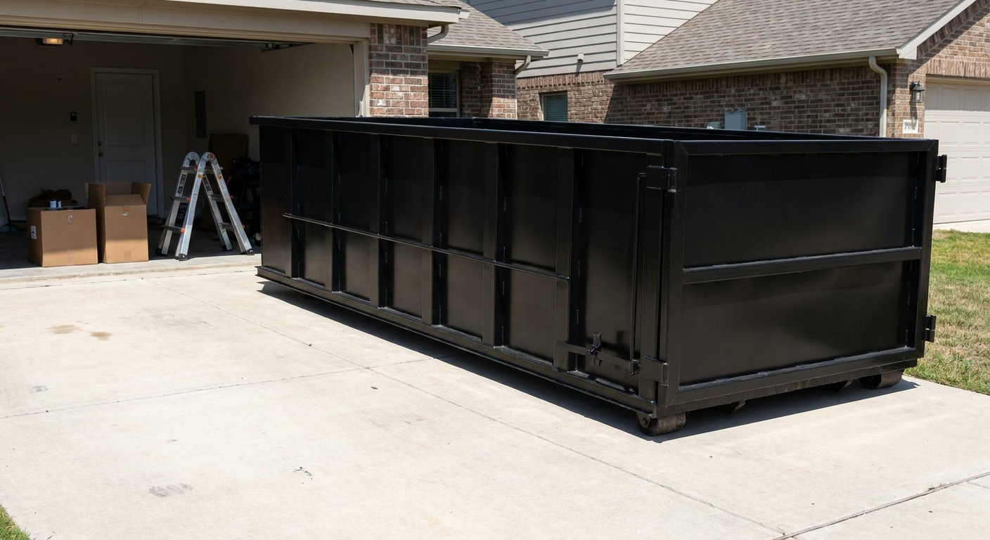 A matte-black 10-yard roll-off dumpster sitting directly on a residential Huntsville concrete driveway, mid-day sunlight, clean and ready for a garage cleanout.