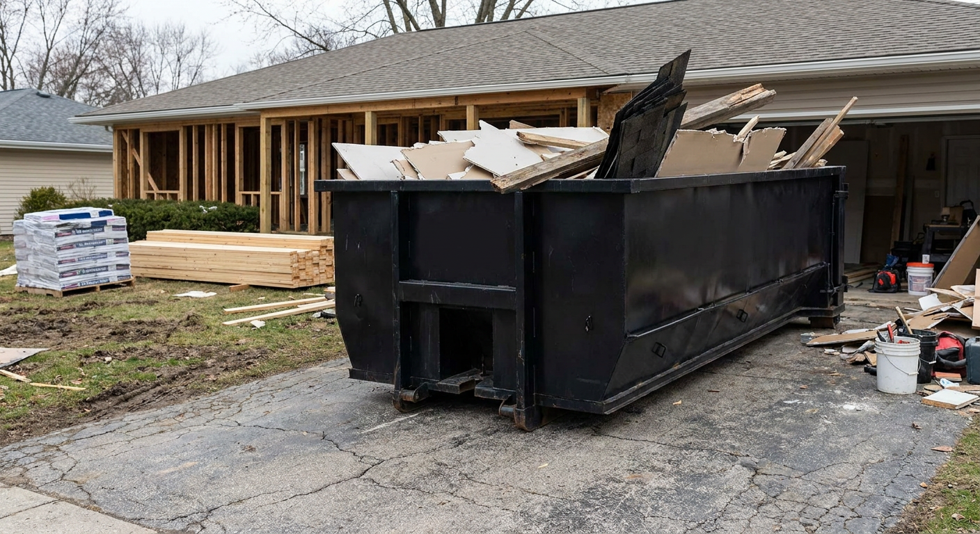 A matte-black 20-yard roll-off dumpster placed alongside a mid-renovation Huntsville home directly on the asphalt driveway, with framing materials and torn-off shingles staged neatly nearby.