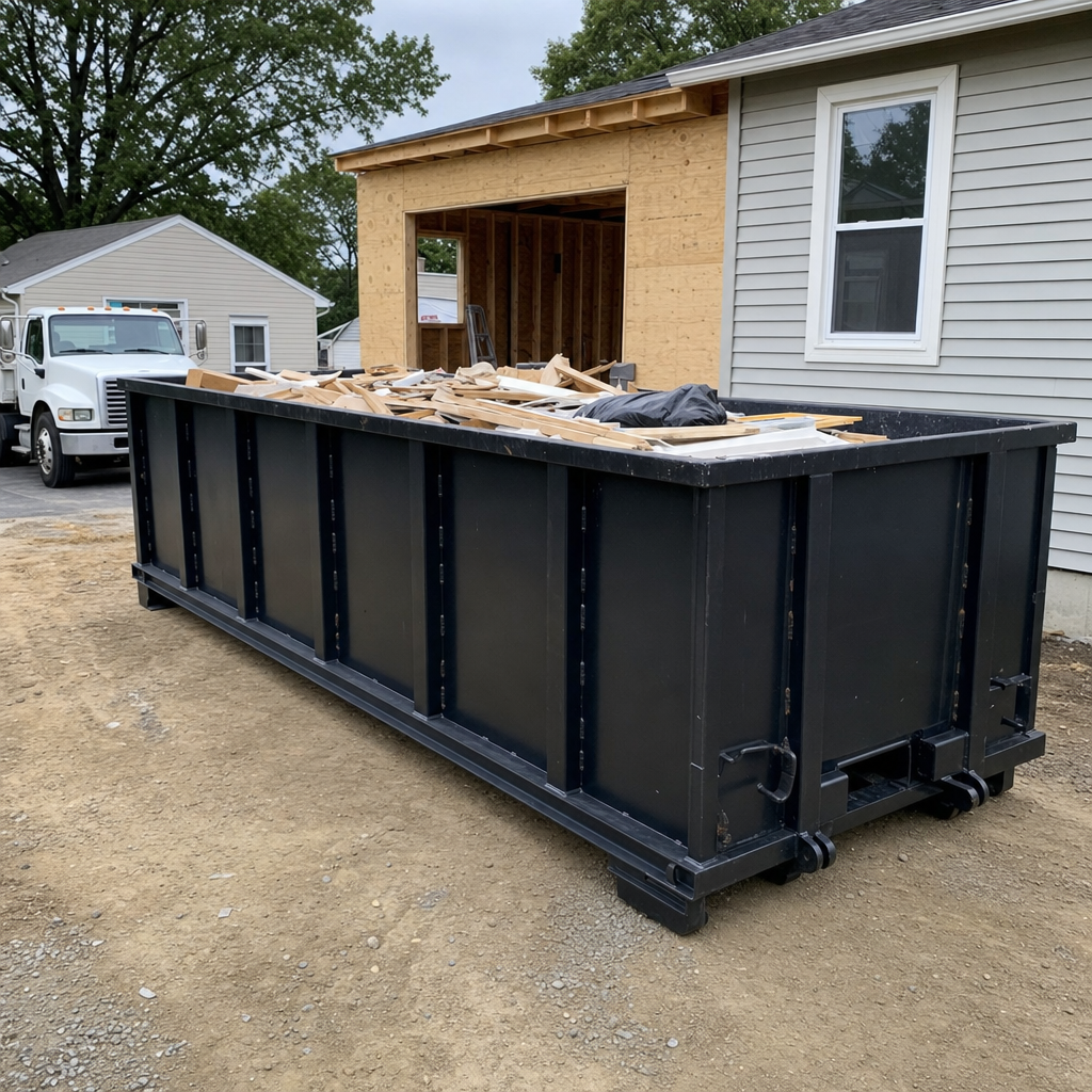 A matte-black 30-yard roll-off dumpster positioned at a Huntsville residential addition jobsite, with framing lumber and drywall scraps loaded through the open swinging rear doors.