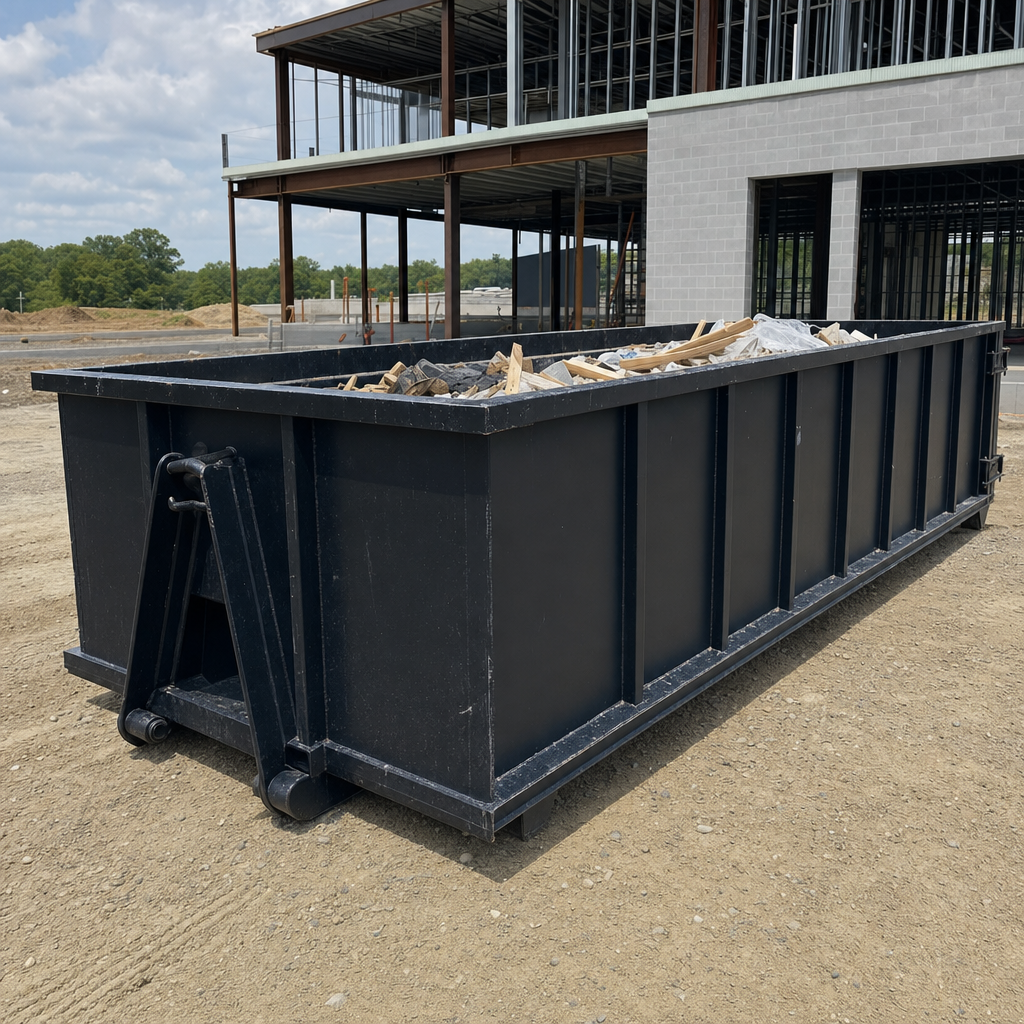 A matte-black 40-yard roll-off dumpster staged on a large Huntsville commercial construction lot, with a hooklift delivery truck parked alongside under bright midday sky.