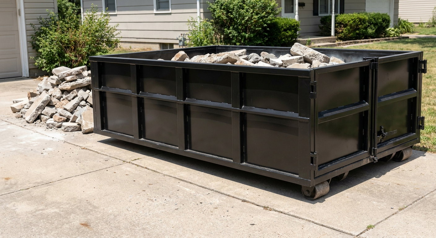 A matte-black low-side heavy-debris roll-off dumpster placed directly on a Huntsville concrete driveway, with broken concrete chunks neatly stacked beside it under clean daylight.